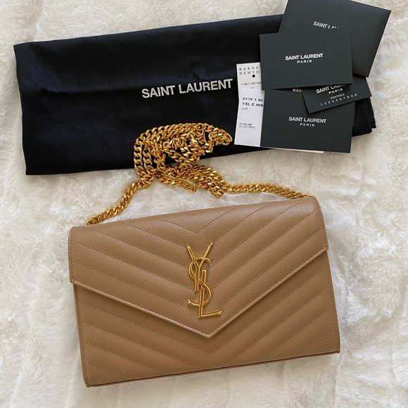 Saint Laurent Monogram Leather Wallet on Chain, Brown - Picture 1 of 16